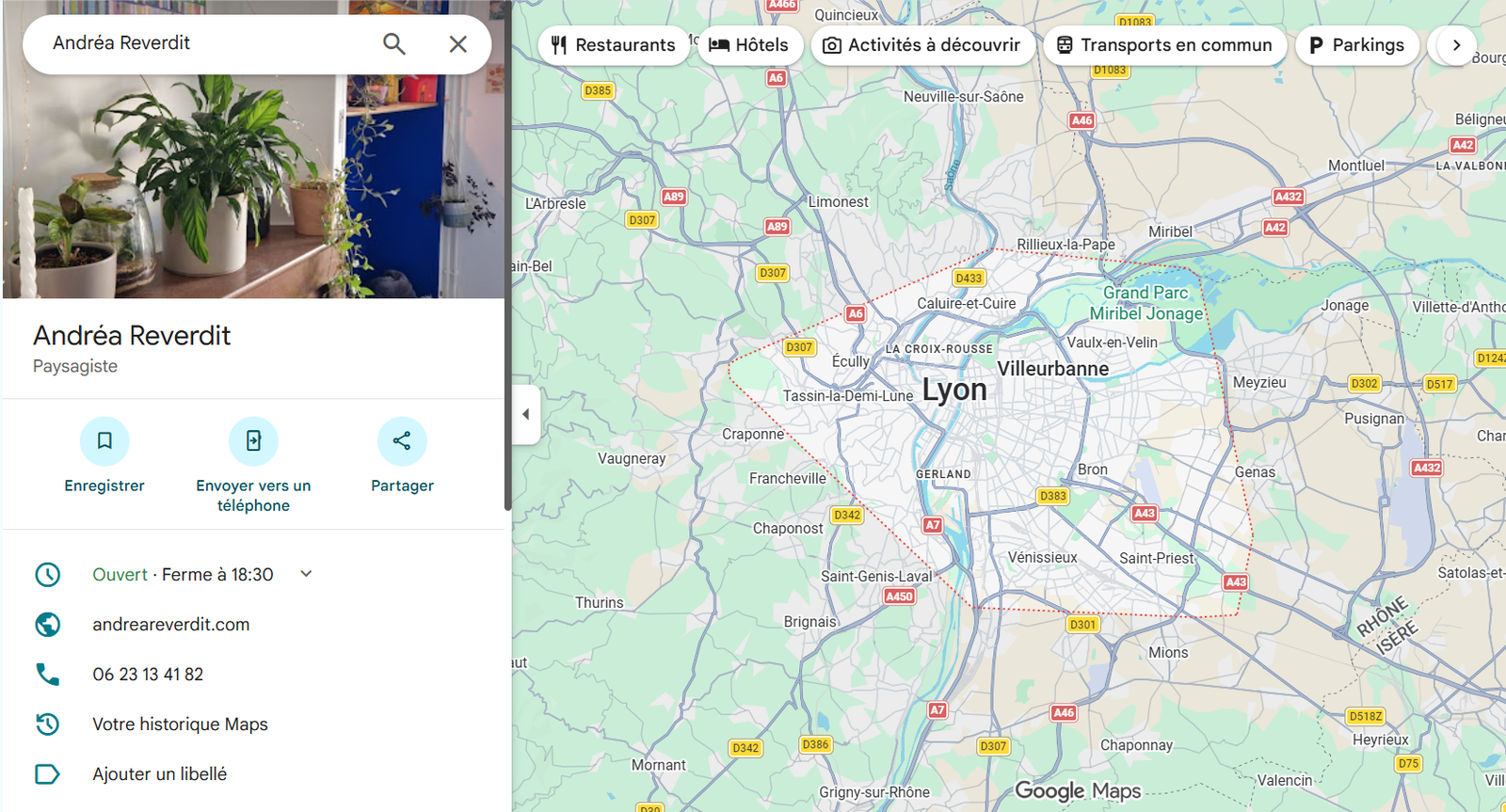 Plan de la zone d'intervention de Andréa Reverdit, sur Lyon et ses alentours